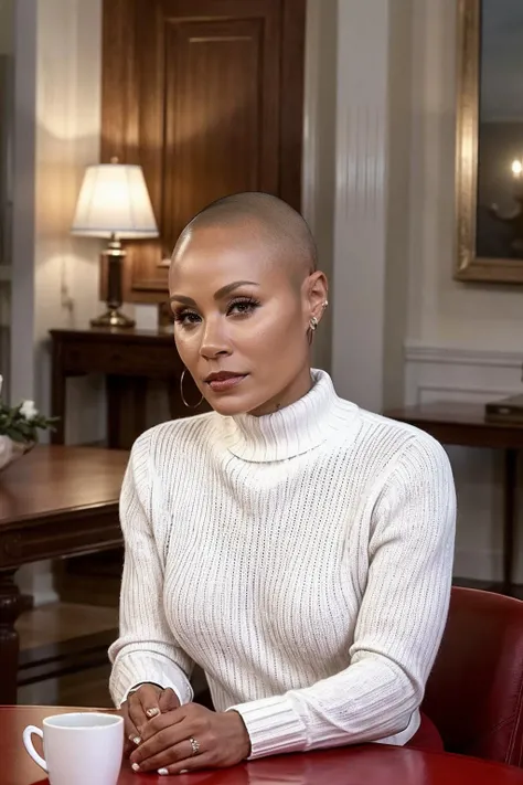 (full body shot:0.7), photorealistic photo of Japism, a bald woman, stunning and brave, solo, wearing a white sweater, sitting at a (red table:1.1), confessing that she had an entanglement with one of her son's friends, nothing wrong with that tho, it is what it is, please don't judge others, plus they have been separated since 2016 so it's ok, epic, looking at the camera, realistic, (masterpiece:1.1), (best quality:1.1), beautiful, (intricate details), unity 8k wallpaper, ultra detailed, aesthetic, perfect lighting,  <lora:Japism_V1-000007:0.85>