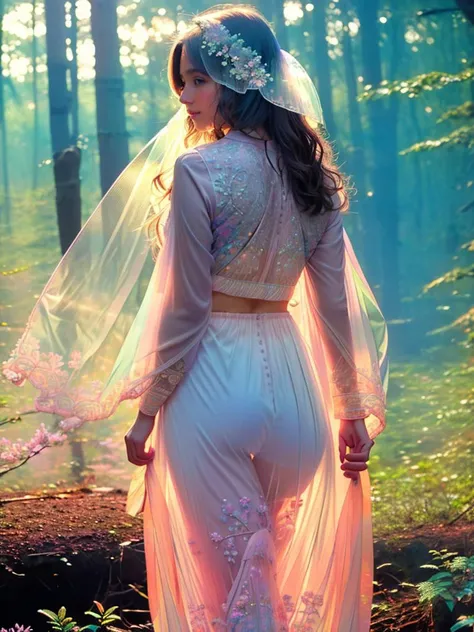 (masterpiece:1.4, best quality), medium breasts, (intricate details), unity 8k wallpaper, ultra detailed, (pastel colors:1.3), beautiful and aesthetic, see-through (clothes), detailed, solo <lora:epi_noiseoffset2:1.3> in a forest, <lora:jellyfish-noise:1>
