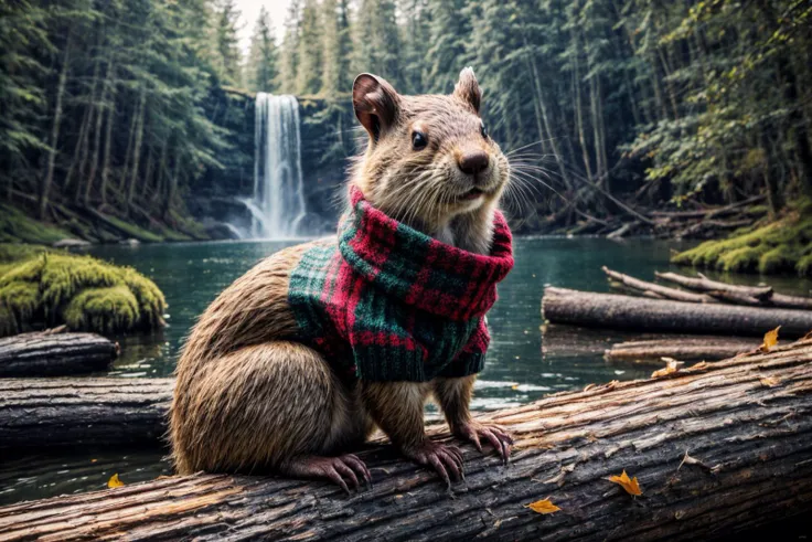 (RAW photo, 8k uhd, Analog style, Masterpiece, Best Quality, Highres:1.3), (dramatic, cinematic:1.2), BREAK,
shot of realistic (1beaver:1.35) wearing (sweater:1.4) (sitting:1.2) on (island on lake:1.2), (beaver tail, (paws:1.05):1.15), (holding stick:1.1), (river, detailed autumn mapple pine forest:1.2), (fabulous small house, beaver village:1.2), (mountains:1.1), (falling leaves:1.2), (wooden (logs:1.15), moss:1.2), (morning, fluffy cloud:1.25), (godrays, light particles, colorful:1.3), looking at viewer, (frontal:1.2), BREAK,
(photorealistic, no humans:1.3), (quadruped:1.35), (wearing plaid sweater:1.35), ((scarf:1.1), cute (eyes:1.15), full body:1.1), (wildlife photo, photo by discovery channel:1.2), (fantasy fabulous dream world, shiny:1.3), (soothing calm mood:1.2), (scandinavian northern nature, outdoors, steam, waterfall, cliff, aurora:1.1), brown, (rodent teeth:1.1), BREAK,
<lora:more_details:0.8>,
<lora:zoom_slider_v1:3.61>,