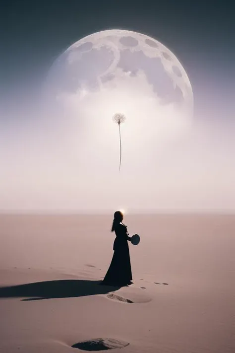 Masterpiece, art by Bill Sienkiewicz A single dandelion seed, carried aloft by the wind, taking root in a crack on the surface of the moon. (photorealistic, science fiction, hopeful, trending on artstation) , realistic, perfect quality , intricated details, detailed background, cinematic lights,