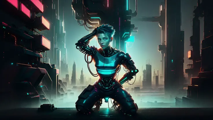 an awarded photo of 1 man cyborg , alabaster metalic white skin with big green eyes with mechanic iris and reed scars on face and torso, bare torso and neon blue cyber hairstyle, scene in Cyberpunk skyscraper roof with big antena and small cyber display, he is a netrunner, hacker, he use personal link to connect to this device, kneeling, dynamic pose,perfect quality masterpiece, ultradetailed, ultrasharp, best quality, photorealistic, cinematic lights, full body shot, realistic photography, analog photography, looks like real, boekh, deep of field, <lora:rMadArt3_NoiseOffset:1> <lora:CyberPunkAI:1> landscape of the city from high ground with detailed character
