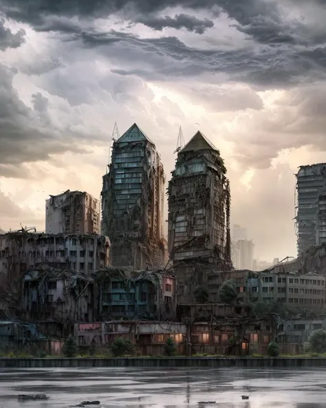 a masterpiece,highres,lifelike,wallpaper,colorful,destroyed post-apocalyptic city buildings,high detailed,dramatic sky,lighting,dead world,rain, storm,