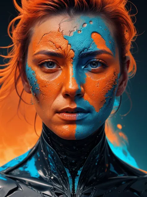 a close up of a person's face on a cracked surface, inspired by Alberto Seveso, featured on zbrush central, orange fire/blue ice duality!, portrait of an android, fractal human silhouette, red realistic 3 d render, blue and orange, subject made of cracked clay, woman, made of lava