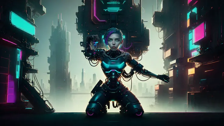an awarded photo of 1 man cyborg , alabaster metalic white skin with big green eyes with mechanic iris and reed scars on face and torso, bare torso and neon blue cyber hairstyle, scene in Cyberpunk skyscraper roof with big antena and small cyber display, he is a netrunner, hacker, he use personal link to connect to this device, kneeling, dynamic pose,perfect quality masterpiece, ultradetailed, ultrasharp, best quality, photorealistic, cinematic lights, full body shot, realistic photography, analog photography, looks like real, boekh, deep of field, <lora:rMadArt3_NoiseOffset:1> <lora:CyberPunkAI:1> landscape of the city from high ground with detailed character