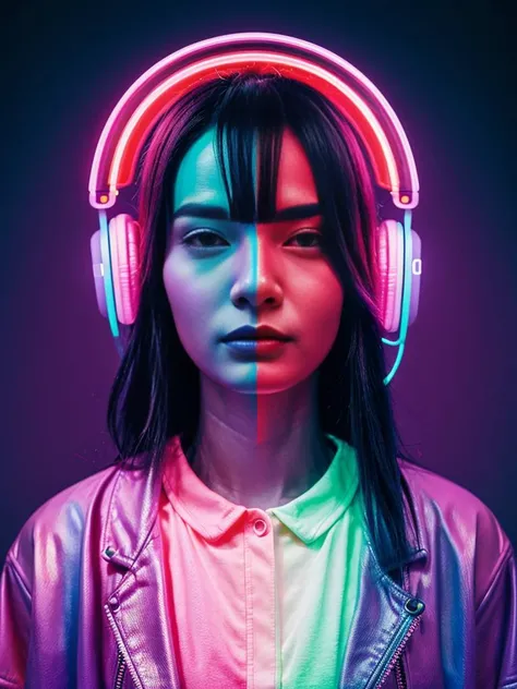 Create a surreal image of a person merging with a virtual world, using a neon color palette of pinks, purples and blues, high quality, sharp focus, realistic