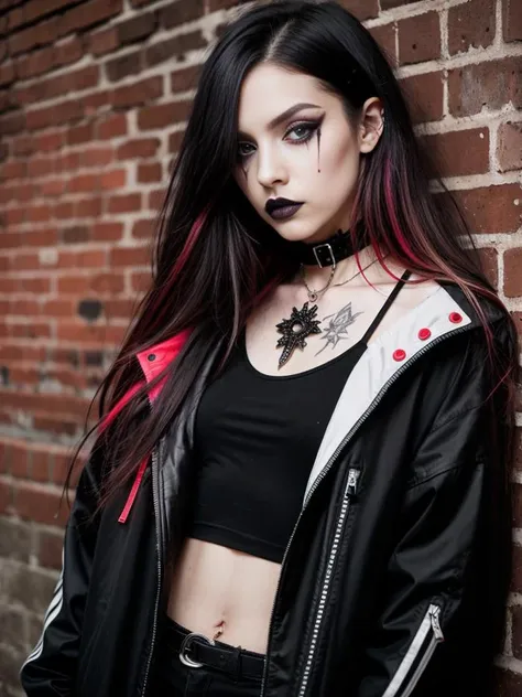 best quality, intricate details, chromatic aberration, goth makeup, goth girl, corneo_runny_makeup 1girl, long hair, black hair, messy hair, red highlights, hair over one eye, red eyes, sharp eyes, choker, neon shirt, torn legwear, open jacket, against wall, brick wall, graffiti, dim lighting,