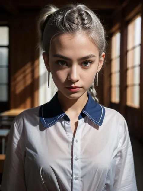 (best quality, masterpiece:1.2), photorealistic, ultra high res, front lighting, intricate detail, Exquisite details and textures, 1girl, (young), face highlight, detailed face, tear mole, white skin, silver hair, ponytail, braid hair, looking at viewer, big eyes,blue school uniform,unbuttoned clothes, underboob,earrings, medium breasts, slim body, school, professional lighting, photon mapping, radiosity, physically-based rendering,