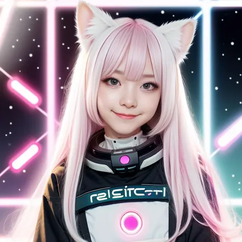 kawaiitech,pastel color, kawaii, cute colors ,scifi, pink, scholar , scroll, 1girl ,long hair, pale skin,white hair, glowing eyes, smile, cat ears,