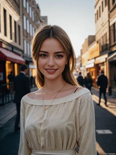 HDR photo of hyperrealistic art UHD, 8K, ultra detailed, a cinematic photograph of analog film photo Candid photo of a beautiful woman, with captivating eyes, smiling amidst a bustling city, upper body framing, in a street photography setting, golden hour lighting:1.3), shot at eye level, on a Fujifilm X-T4 with a 50mm lens, in style of Alfred Stieglitz, high quality photography, 3 point lighting, flash with softbox, 4k, Canon EOS R3, hdr, smooth, sharp focus, high resolution, award winning photo, 80mm, f2.8, bokeh, faded film, desaturated, 35mm photo, grainy, vignette, vintage, Kodachrome, Lomography, stained, highly detailed, found footage, beautiful lighting, great composition, ((photographed by Vogue)) . extremely high-resolution details, photographic, realism pushed to extreme, fine texture, incredibly lifelike . High dynamic range, vivid, rich details, clear shadows and highlights, realistic, intense, enhanced contrast, highly detailed