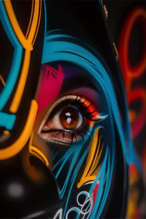 Masterpiece, art by Basil Gogos Graffiti Art Up Close: Zoom in on the intricate details and vibrant colors of a graffiti mural, capturing the artist's passion and expression. (close-up, urban, artistic tones) , realistic, perfect quality , intricated details, detailed background, cinematic lights,