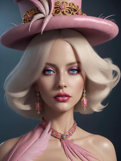 A glamorous woman with platinum blonde hair, wearing a luxurious pink hat adorned with ornate golden and crystal decorations, feathers, and intricate embellishments. Her makeup is flawlessly applied, with bold red lips and striking eyeshadow that accentuates her piercing blue eyes. She is dressed in an elegant pink outfit with matching fur accents, radiating sophistication and high fashion. The lighting is soft, highlighting her flawless complexion and the richness of the textures in her attire. The overall mood is one of opulence and timeless beauty. illustration, photo, cinematic, 3d render, poster, anime, conceptual art, painting. By Sasan
