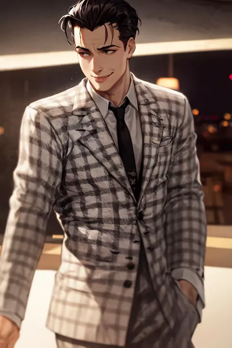 masterpiece, best quality, absurdres, perfect anatomy, 1boy, solo, Benny, vegas, night, neon lights, hair slicked back, smile, <lora:benny-fnv-richy-v1:1>
