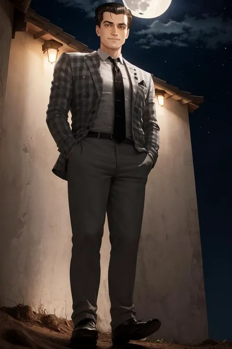 masterpiece, best quality, <lora:benny-fnv-richy-v1:1> benny, standing, full body, hair slicked back, tan, dark, night, night sky, moon, dirt, from below, smirk