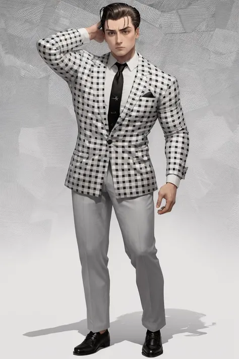 masterpiece, best quality, <lora:benny-fnv-richy-v1:1> (benny:1.2), full body, seiza, arms behind head, hair slicked back, tan, checkered clothes