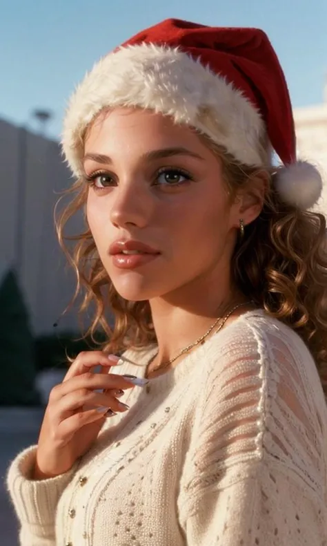 eliberk90s, 1 girl, curly hair, uhd, best quality, masterpiece, 5 fingers, closeup, photorealistic, Christmas sweater