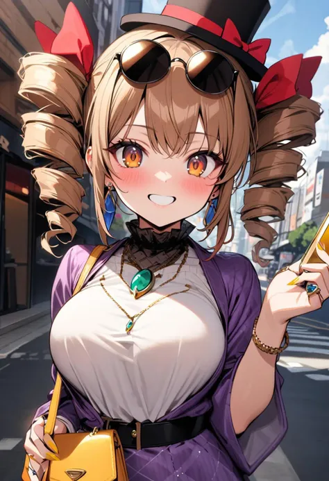 masterpiece, best quality, yorigami jo'on,1girl,top hat,hat bow,red bow,hair bow,brown hair, sunglasses,eyewear on head,drill hair,orange eyes,earrings,gem, jewelry, bow, ring,pendant,necklace,buckle, white shirt, purple coat, breasts, large breasts, D cup, outside, the city, daytime, happy, flirty, golden cellphone, holding cellphone, nail polish, golden nails, handbag, holding handbag