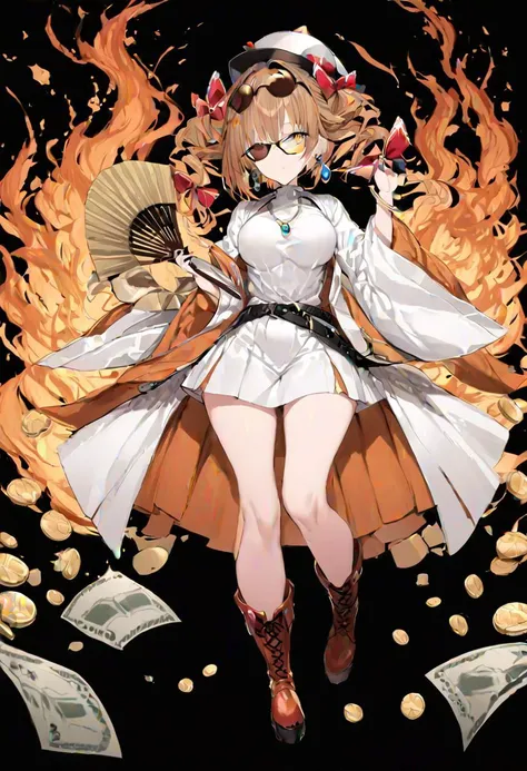 masterpiece, best quality, ultra-detailed, beautiful, nai3, 1girl, solo, full_body, tachi-e,
yorigami_jo'on, solo, 1girl, money, coin, gold, bow, long_sleeves, skirt, brown_hair, hair_bow, jewelry, red_bow, boots, wide_sleeves, earrings, red_ribbon, belt, bracelet, open_clothes, hat_bow, sunglasses, white_dress, necklace, hand_fan, orange_eyes, holding_fan, orange_hair, fire, floral_print, ring,