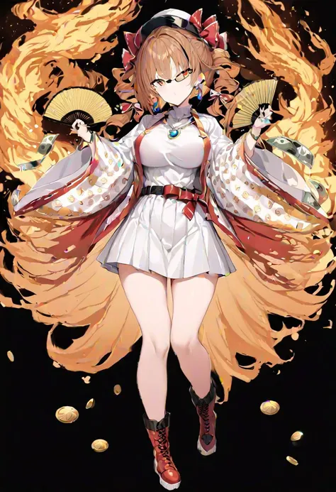 masterpiece, best quality, ultra-detailed, beautiful, nai3, 1girl, solo, full_body, tachi-e,
yorigami_jo'on, solo, 1girl, money, coin, gold, bow, long_sleeves, skirt, brown_hair, hair_bow, jewelry, red_bow, boots, wide_sleeves, earrings, red_ribbon, belt, bracelet, open_clothes, hat_bow, sunglasses, white_dress, necklace, hand_fan, orange_eyes, holding_fan, orange_hair, fire, floral_print, ring,