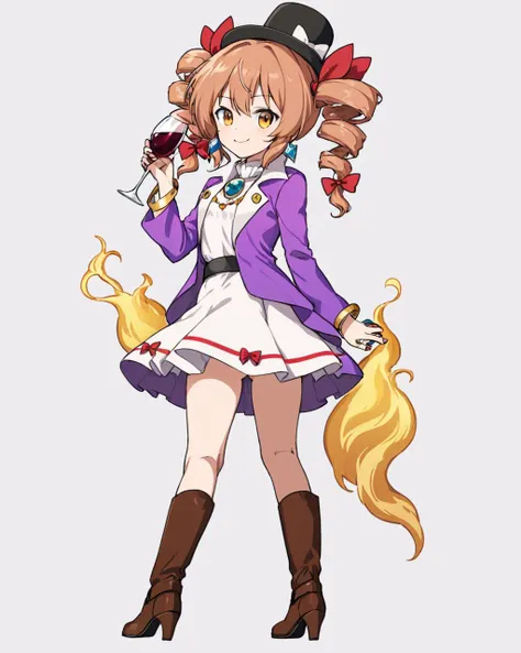 yorigami jo'on,1girl, solo, ring, smile, boots, brown_footwear, white_background, looking_at_viewer, ribbon, twin_drills, top_hat, high_heels, white_dress, bangle, simple_background, wine_glass, alcohol, red_bow, hair_bow, holding_cup, purple_jacket, purple_coat, ass, full_body, closed_mouth, black_headwear, high_collar
<lora:yorigami_jo'on_image1462_2023-12-20-000014:1>,star-shaped_pupils,symbol-shaped_pupils,. gorgeous,key visual, vibrant, studio anime,award-winning, professional, highly detailed,high budget, cinemascope