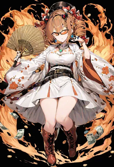 masterpiece, best quality, ultra-detailed, beautiful, nai3, 1girl, solo, full_body, tachi-e, 
yorigami_jo'on, solo, 1girl, money, coin, gold, bow, long_sleeves, skirt, brown_hair, hair_bow, jewelry, red_bow, boots, wide_sleeves, earrings, red_ribbon, belt, bracelet, open_clothes, hat_bow, sunglasses, white_dress, necklace, hand_fan, orange_eyes, holding_fan, orange_hair, fire, floral_print, ring,