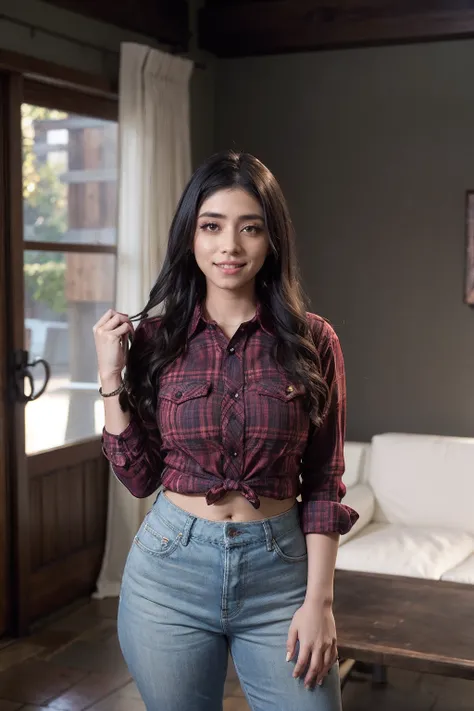 vi0letmyers, a woman wearing Plaid shirt and khaki pants <lora:vi0letmyers-000008:0.9>