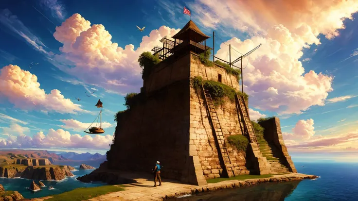 best quality,masterpiece,highly detailed,ultra-detailed,  l,<lora:neg4all_bdsqlsz_V3.5:-1> <lora:bg3art:1>    bg3,bg3art, scenery, 1boy, sky, cloud, hat, airship, fantasy, staff, outdoors, floating island, star \(sky\), bird