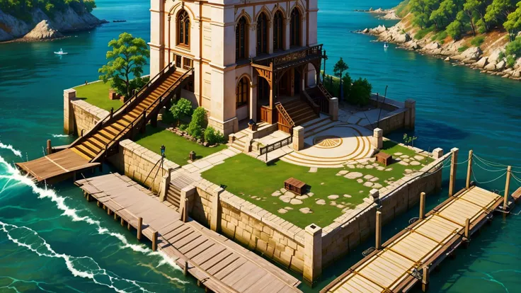 best quality,masterpiece,highly detailed,ultra-detailed, l,<lora:neg4all_bdsqlsz_V3.5:-1> <lora:bg3art:1> bg3,bg3art, boat, watercraft, scenery, water, building, bridge, no humans, outdoors, stairs, dock, architecture, plant, river, from above