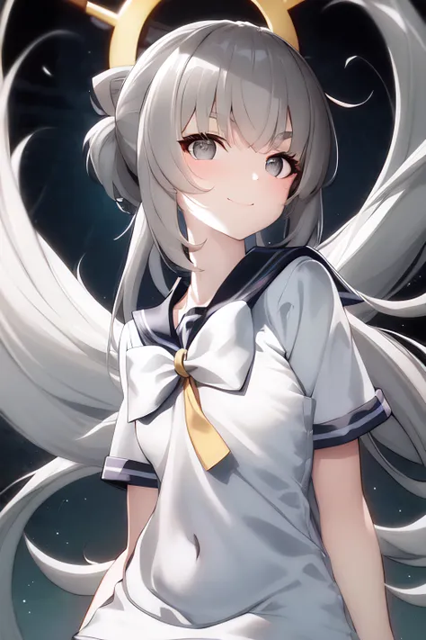 masterpiece, best quality, 1girl, bangs, eyebrows_visible_through_hair, grey_eyes, long_hair, looking_at_viewer, sailor_collar, short_sleeves, smile, solo, very_long_hair,