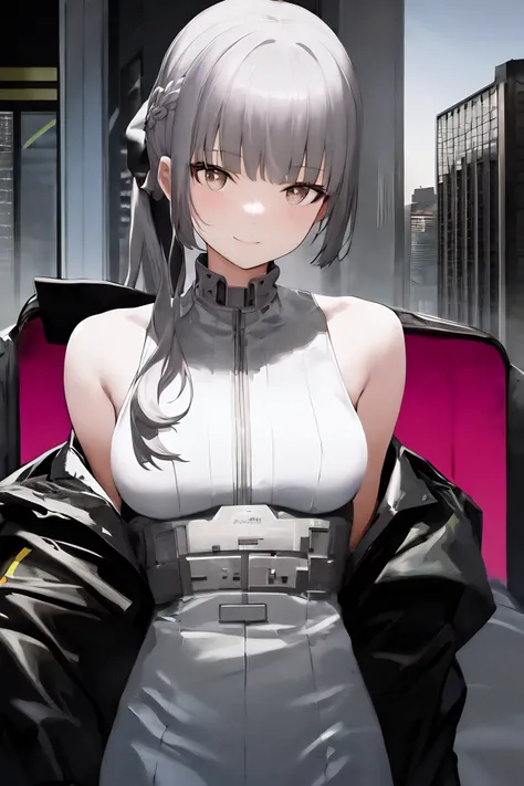 masterpiece, best quality,1girl,sliver hair,small breasts, album_cover, bangs, braid, building, cover, fake_cover, long_hair, long_sleeves, looking_at_viewer, ponytail, skyscraper, solo, very_long_hair,(smile)
