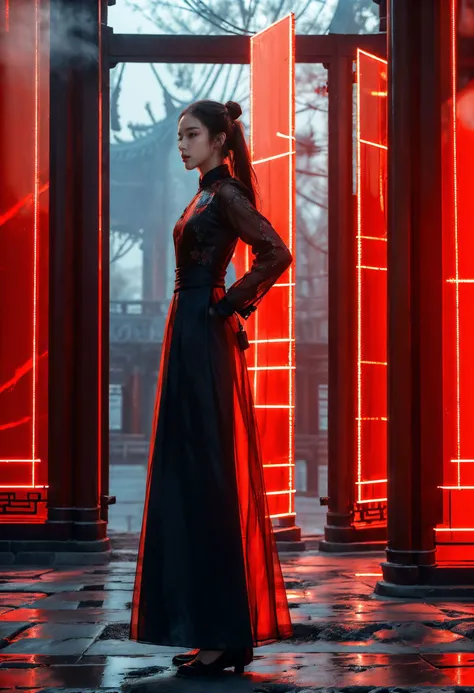 (masterpiece,top quality,best quality,official art,beautiful and aesthetic:1.2),
neon lights,science fiction,xuer Palace gate,Dynamic Angle,Dynamic posture,Perspective,High Point,pov,1girl,extremely beautiful face,stunning face,perfect face,best face,extremely attractive,gorgeous,detailed face,highly detailed,realistic,hyper-realistic,IMAX,HD,8K resolutions,ultra-high resolutions,best quality,masterpiece,
A shot with tension,(Visual impact,giving the poster a dynamic and visually striking appearance:1.2),Chinese Zen style,impactful picture,
<lora:~Q?-[ xuer Palace gate:0.8>,