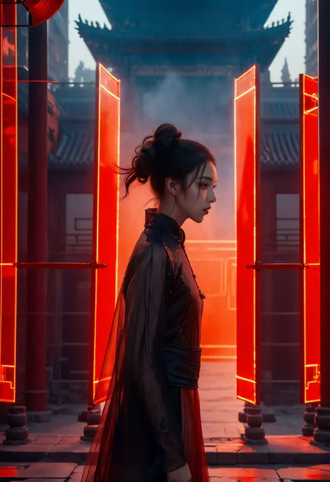 (masterpiece,top quality,best quality,official art,beautiful and aesthetic:1.2),
neon lights,science fiction,xuer Palace gate,upper body,Dynamic Angle,Dynamic posture,Perspective,High Point,pov,
A shot with tension,(Visual impact,giving the poster a dynamic and visually striking appearance:1.2),Chinese Zen style,impactful picture,
<lora:~Q?-[ xuer Palace gate:0.8>,