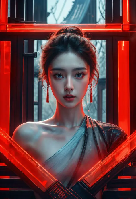 (masterpiece,top quality,best quality,official art,beautiful and aesthetic:1.2),
neon lights,science fiction,xuer Palace gate,upper body,Dynamic Angle,Dynamic posture,Perspective,High Point,pov,1girl,extremely beautiful face,stunning face,perfect face,best face,extremely attractive,gorgeous,detailed face,highly detailed,realistic,hyper-realistic,IMAX,HD,8K resolutions,ultra-high resolutions,best quality,masterpiece,
A shot with tension,(Visual impact,giving the poster a dynamic and visually striking appearance:1.2),Chinese Zen style,impactful picture,
<lora:~Q?-[ xuer Palace gate:0.8>,