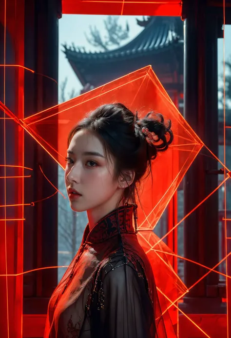 (masterpiece,top quality,best quality,official art,beautiful and aesthetic:1.2),
neon lights,science fiction,xuer Palace gate,upper body,Dynamic Angle,Dynamic posture,Perspective,High Point,pov,1girl,extremely beautiful face,stunning face,perfect face,best face,extremely attractive,gorgeous,detailed face,highly detailed,realistic,hyper-realistic,IMAX,HD,8K resolutions,ultra-high resolutions,best quality,masterpiece,
A shot with tension,(Visual impact,giving the poster a dynamic and visually striking appearance:1.2),Chinese Zen style,impactful picture,
<lora:~Q?-[ xuer Palace gate:0.8>,