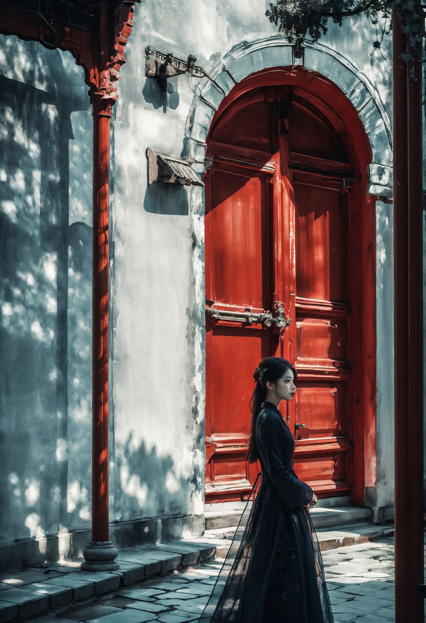 A woman in a black dress standing in front of a red door - SeaArt AI