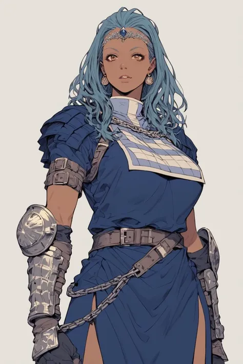 score_9, score_8_up, score_7_up, voluptuous lady in her 40s, tan skin, indigo hair, princess, tiara, chain mail armor, hemp straps, three quarter angle view posing, clothed, skirt, tabard