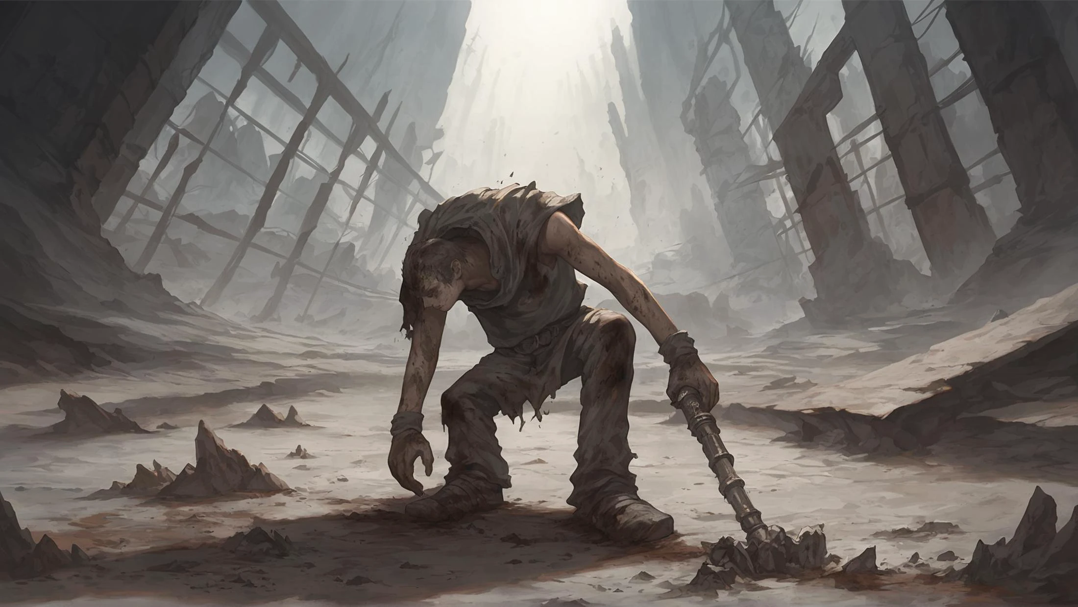 score_9, score_8, masterpiece, absurdres, extremely detailed, (dark:2), (dim), underground, labyrinth, dirty,
1man, alone, despair