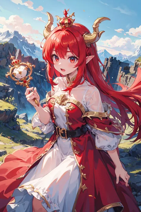 1girl, red_hair, dragon_ears, confident,
castle, mountains, dragons,
(dress/scales/golden), crown, scepter