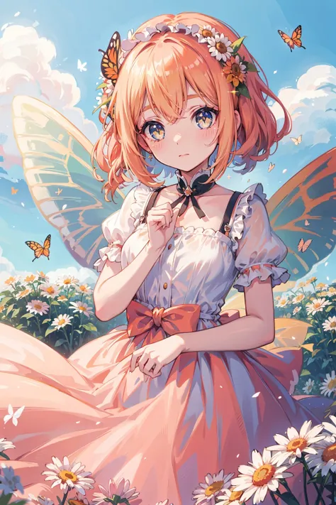 1girl, peach_hair, butterfly_wings, dreamy, flower_field, daisies, daybreak, (dress/airy/soft_orange), ribbon_headband