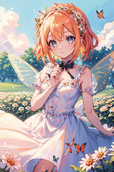 1girl, peach_hair, butterfly_wings, dreamy, flower_field, daisies, daybreak, (dress/airy/soft_orange), ribbon_headband