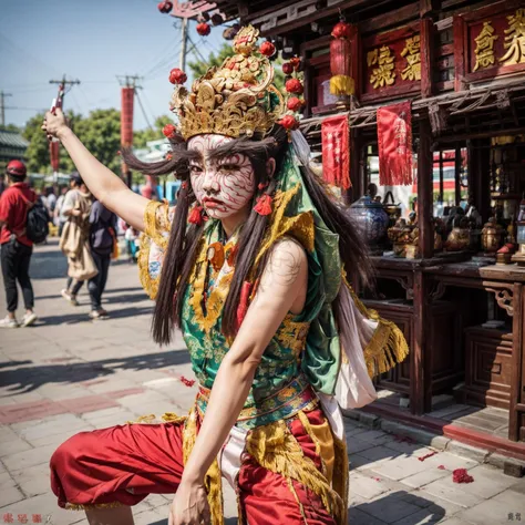 ((1man)),(a chinese man),nice hands,perfect hands,full body,
<lora:twgod-000012:0.7>,twgod,Taiwanese hell police,pauldrons,helmet,guanJianShou,holding timtoken,timtoken,outdoors,temple,chinese style architecture,
(8k, RAW photo, best quality, masterpiece:1.2),(realistic, photo-realistic:1.37),(exquisitely detailed),ultra_color,high quality,ultra detailed,(Real picture),(realistic skin),(intricate details),
<lora:FilmG2:0.5>,<lora:more_details:0.3>,<lora:add_detail:0.2>,<lora:GoodHands-vanilla:1>,