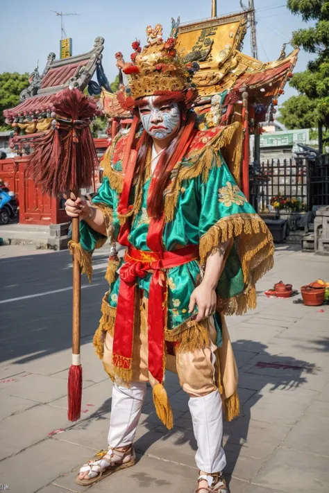 ((1man)),(a chinese man),nice hands,perfect hands,full body,standing,
<lora:twgod-000012:0.7>,twgod,Taiwanese hell police,pauldrons,helmet,guanJianShou,holding polearm,outdoors,temple,chinese style architecture,
(8k, RAW photo, best quality, masterpiece:1.2),(realistic, photo-realistic:1.37),(exquisitely detailed),ultra_color,high quality,ultra detailed,(Real picture),(realistic skin),(intricate details),
<lora:FilmG2:0.5>,<lora:more_details:0.3>,<lora:add_detail:0.2>,<lora:GoodHands-vanilla:1>,