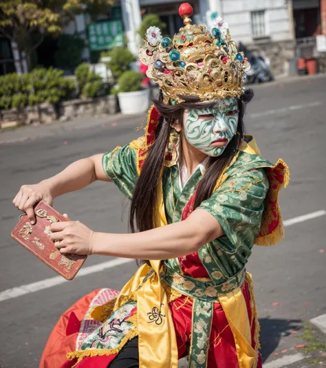 ((1boy)),(a chinese man),nice hands,perfect hands,full body,
<lora:twgod-000012:0.7>,twgod,Taiwanese hell police,pauldrons,helmet,holding handcuffs,holding timtoken,timtoken,outdoors,temple,chinese style architecture,
(8k, RAW photo, best quality, masterpiece:1.2),(realistic, photo-realistic:1.37),(exquisitely detailed),ultra_color,high quality,ultra detailed,(Real picture),(realistic skin),(intricate details),
<lora:FilmG2:0.5>,<lora:more_details:0.3>,<lora:add_detail:0.2>,<lora:GoodHands-vanilla:1>,