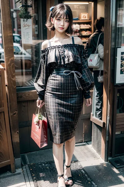 (realistic:1.3), finely detailed, quality, rembrandt lighting, (masterpiece:1.2), (photorealistic:1.2), (best quality), (detailed skin:1.3), (intricate details), dramatic, ray tracing, 1girl, japanese girl, 21 years old, detailed skin texture, (blush:0.5), (goosebumps:0.5), subsurface scattering, smiling, medium breasts, short hair curls, bangs, hair between eyes, hair ornaments, wearing ruanmei fashion, wearing summer ruanmei fashion, full body, (bright sunny day, tokyo suburb, shops, footpath, strolling), <lora:ruanmei_2:0.8>