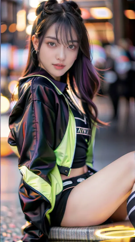 purple hair BREAK (night),1girl,sit,(bokeh),
<lora:ruanmei_2:1>,hip-hop trend,(ruanmei fashion),Fashionable girl idol,street photography,
Purple cloth,fluorescence jacket,
clear,sharp,Photorealistic portraits,4k,high quality,masterpiece,high res,<lora:ClothingAdjuster3:-0.2>,
<lora:jirai_v2:0.1>,reggae,navel top,