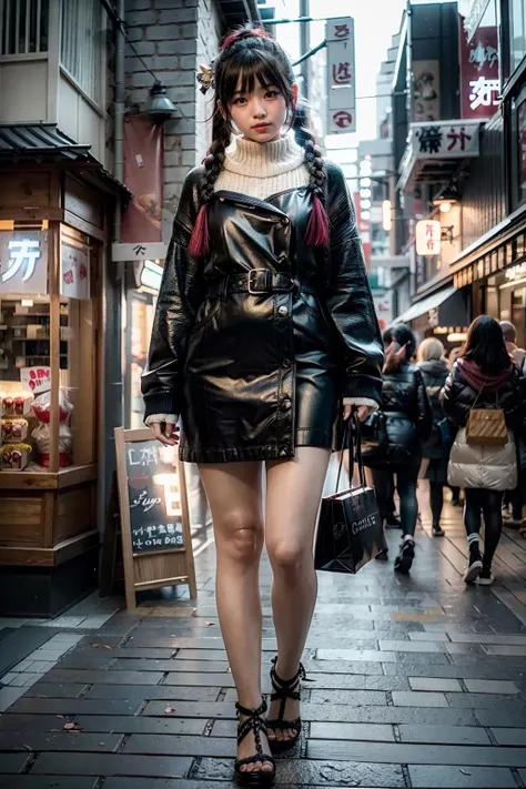 (realistic:1.3), finely detailed, quality, rembrandt lighting, (masterpiece:1.2), (photorealistic:1.2), (best quality), (detailed skin:1.3), (intricate details), dramatic, ray tracing, 1girl, japanese girl, 21 years old, detailed skin texture, (blush:0.5), (goosebumps:0.5), subsurface scattering, smiling, medium breasts, braided hair, bangs, hair between eyes, hair ornaments, (wearing winter ruanmei fashion:1.1), full body, (night sky, tokyo suburb, shops, footpath, neon signs, strolling, cute pose), <lora:ruanmei_2:0.8>