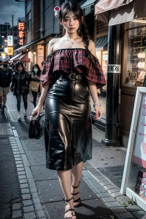 (realistic:1.3), finely detailed, quality, rembrandt lighting, (masterpiece:1.2), (photorealistic:1.2), (best quality), (detailed skin:1.3), (intricate details), dramatic, ray tracing, 1girl, japanese girl, 21 years old, detailed skin texture, (blush:0.5), (goosebumps:0.5), subsurface scattering, smiling, medium breasts, braided hair, bangs, hair between eyes, hair ornaments, wearing ruanmei fashion, wearing summer ruanmei fashion, full body, night sky, tokyo suburb, shops, footpath, neon signs, strolling, cute pose), <lora:ruanmei_2:0.8>