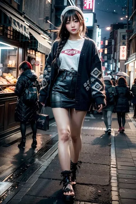 (realistic:1.3), finely detailed, quality, rembrandt lighting, (masterpiece:1.2), (photorealistic:1.2), (best quality), (detailed skin:1.3), (intricate details), dramatic, ray tracing, 1girl, japanese girl, 21 years old, detailed skin texture, (blush:0.5), (goosebumps:0.5), subsurface scattering, smiling, medium breasts, braided hair, bangs, hair between eyes, hair ornaments, (wearing winter ruanmei fashion:1.1), full body, (night sky, tokyo suburb, shops, footpath, neon signs, strolling, cute pose), <lora:ruanmei_2:0.8>