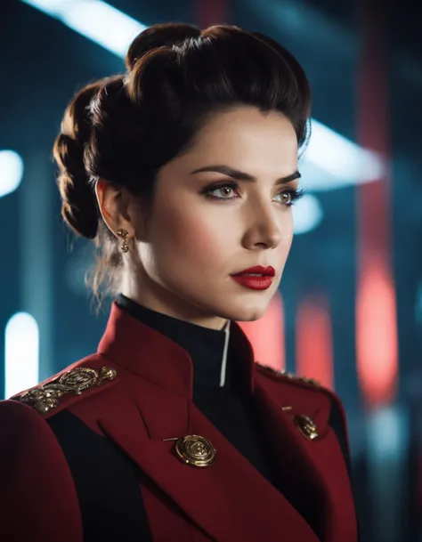 cinematic photo a resilient (((ohwx woman))) As Scarlet, overseeing Shinra's weapons development, her ambition and authority evident in every command., Hair styled in an elegant updo, embodying her status and power within the Shinra hierarchy., <lora:ana_lora_sdxl_v1-64_cumul_fp16:0.85> . 35mm photograph, film, bokeh, professional, 4k, highly detailed