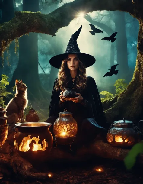 Soft Lighting Photography,  (((ohwx woman))) Underneath the looming shadows of an ancient forest, a female human Witch (photorealistic:1.35) brews a potent spell. Her face, lit by the (mysterious, moonlit makeup:1.2), reflects her enigmatic power. She stirs a bubbling cauldron, her eyes glowing with mystic energy, surrounded by mischievous woodland spirits. The dark forest, the mysterious shadows, and the Witch's potent brew capture the enchanting spirit of her class,   <lora:ana_lora_sdxl_v1-64_cumul_fp16:0.85>