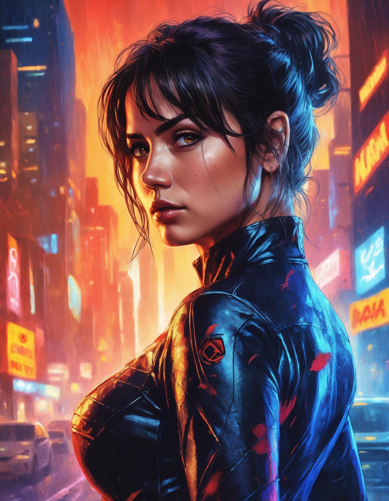 A woman in a black leather jacket standing in front of a city - SeaArt AI